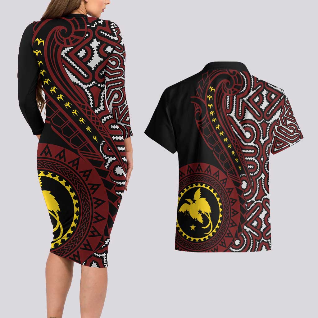 Papua New Guinea Oro Tapa Motif Couples Matching Long Sleeve Bodycon Dress and Hawaiian Shirt Special LT7 - Polynesian Pride