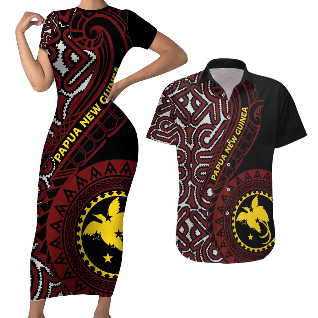 Papua New Guinea Oro Tapa Motif Couples Matching Short Sleeve Bodycon Dress and Hawaiian Shirt Special LT7 Black - Polynesian Pride