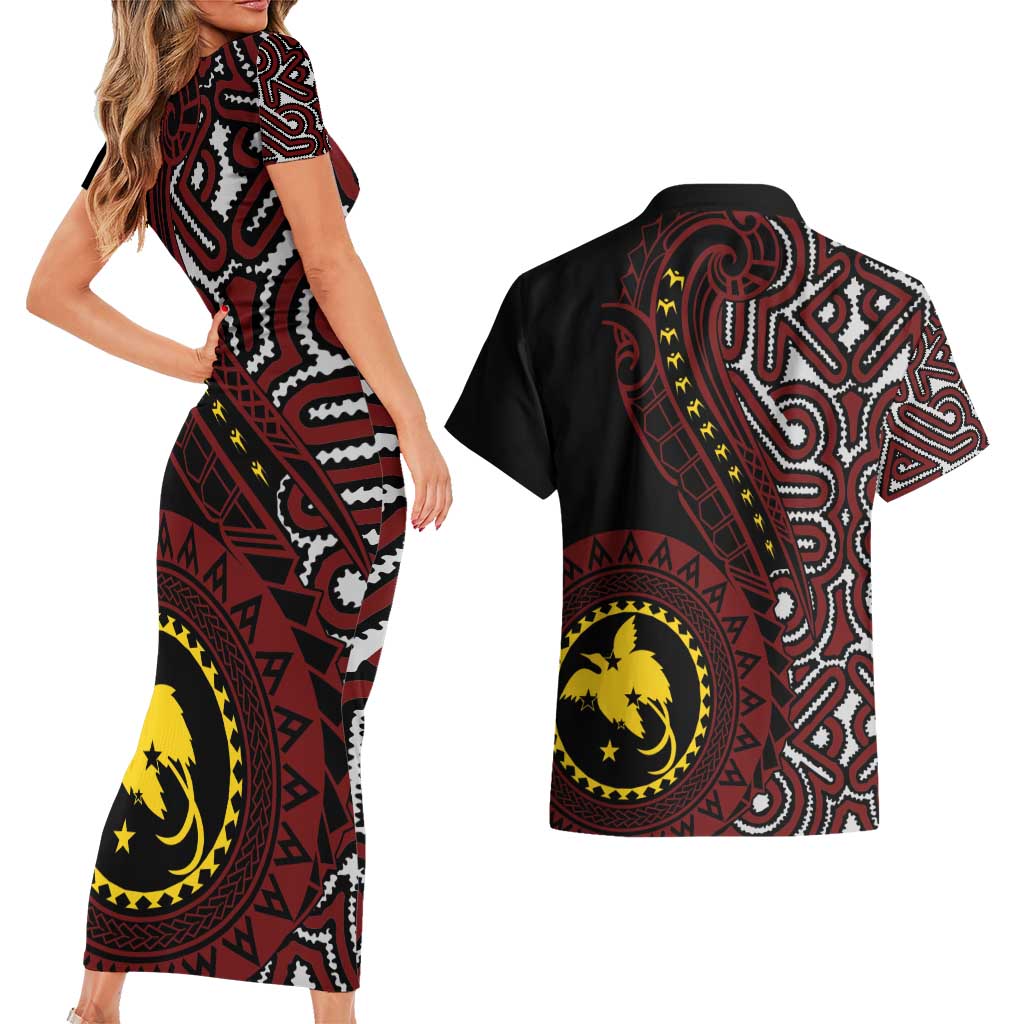Papua New Guinea Oro Tapa Motif Couples Matching Short Sleeve Bodycon Dress and Hawaiian Shirt Special LT7 - Polynesian Pride