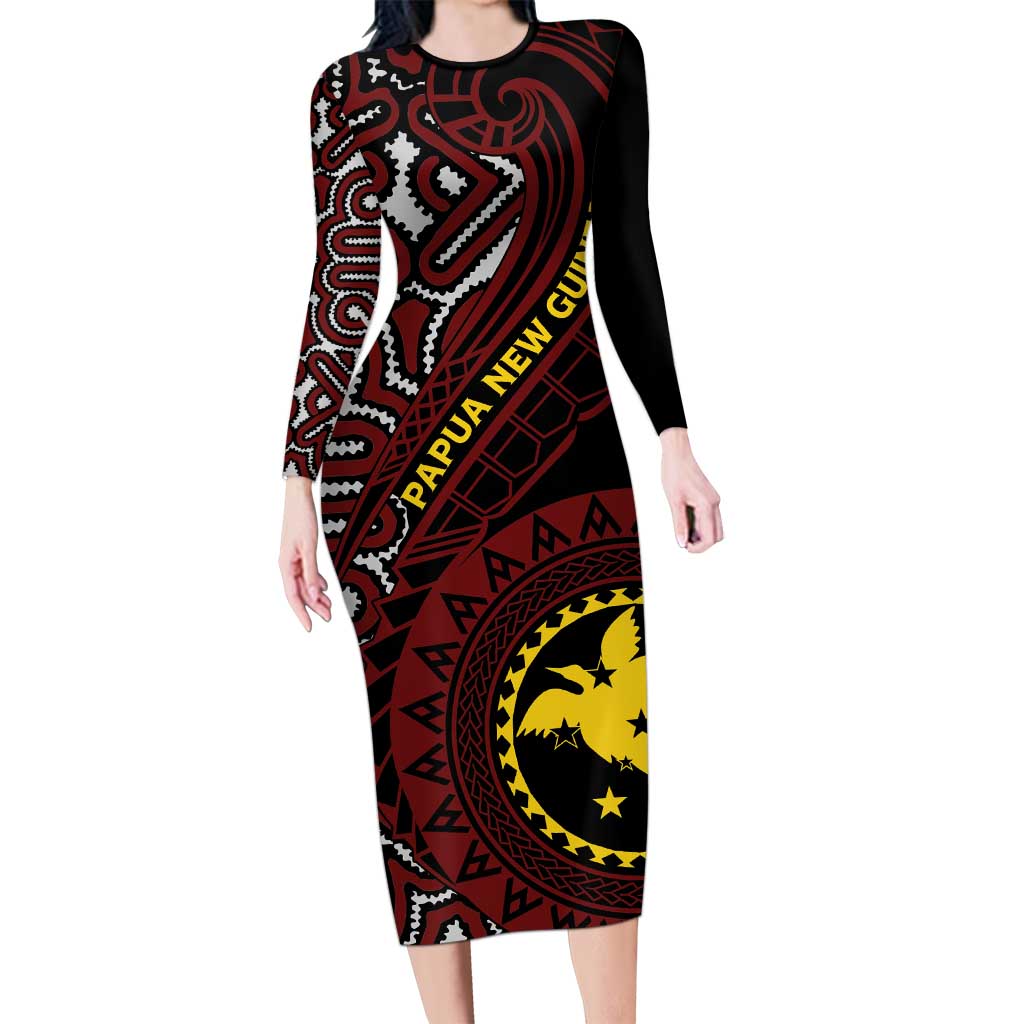 Papua New Guinea Oro Tapa Motif Family Matching Long Sleeve Bodycon Dress and Hawaiian Shirt Special LT7 Mom's Dress Black - Polynesian Pride