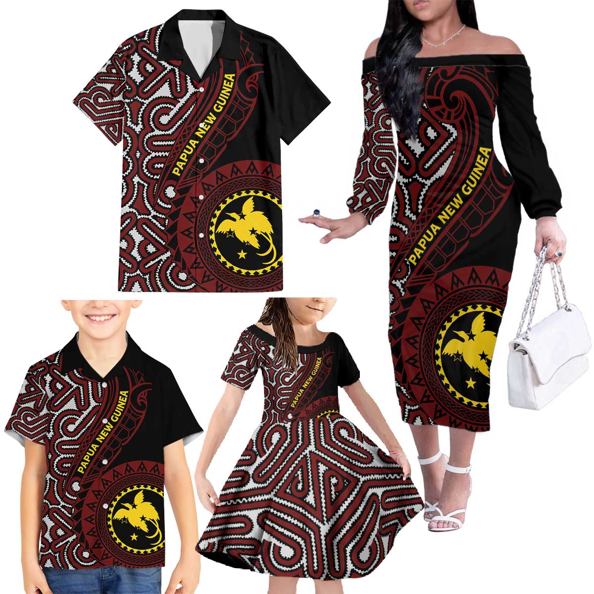 Papua New Guinea Oro Tapa Motif Family Matching Off The Shoulder Long Sleeve Dress and Hawaiian Shirt Special LT7 - Polynesian Pride