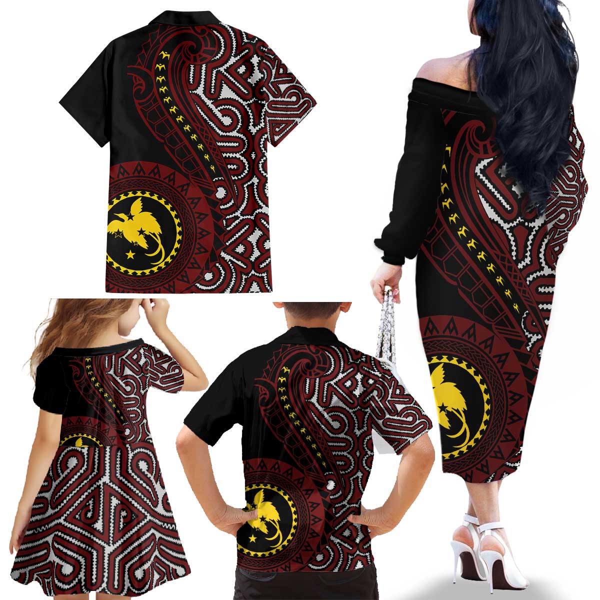 Papua New Guinea Oro Tapa Motif Family Matching Off The Shoulder Long Sleeve Dress and Hawaiian Shirt Special LT7 - Polynesian Pride
