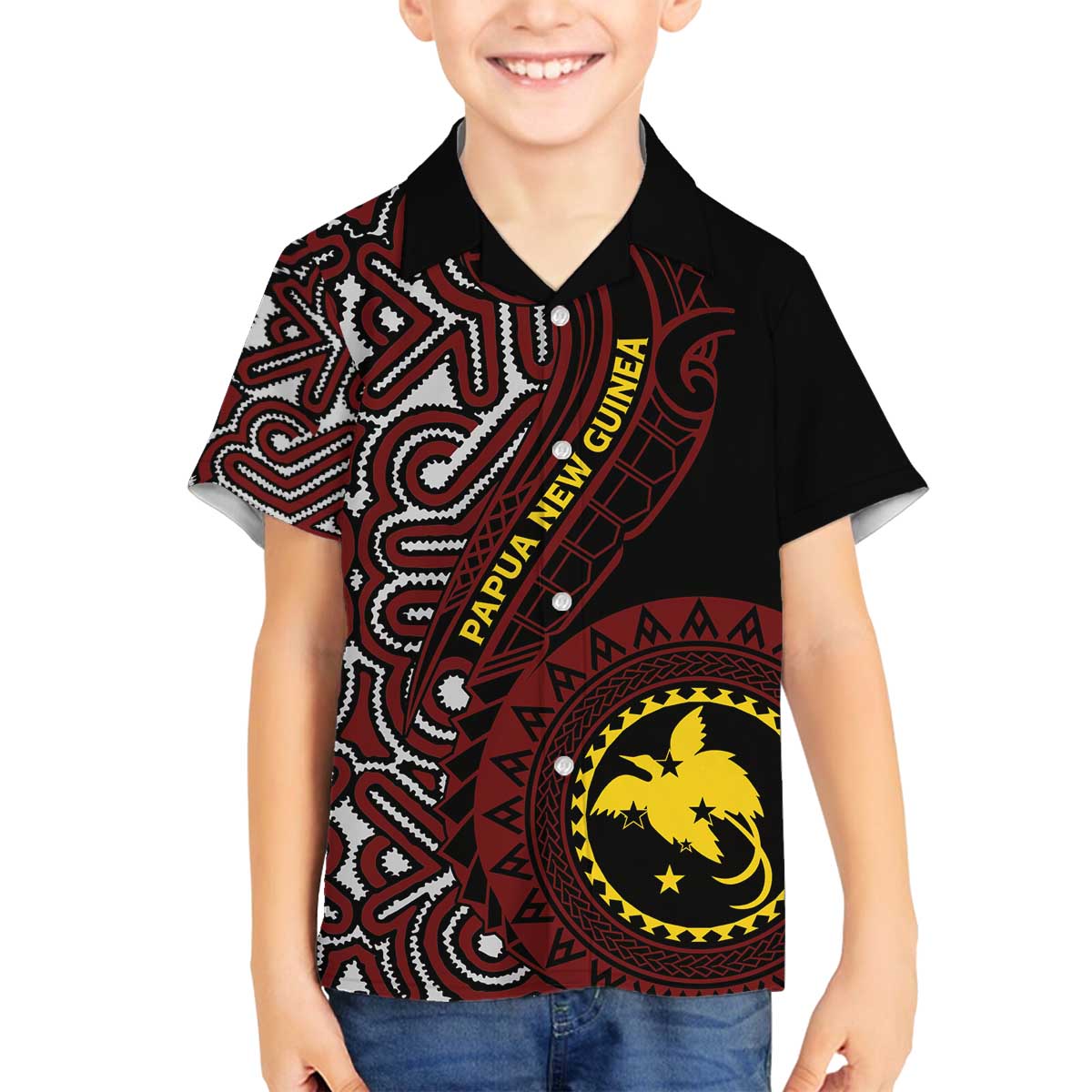 Papua New Guinea Oro Tapa Motif Family Matching Off The Shoulder Long Sleeve Dress and Hawaiian Shirt Special LT7 Son's Shirt Black - Polynesian Pride