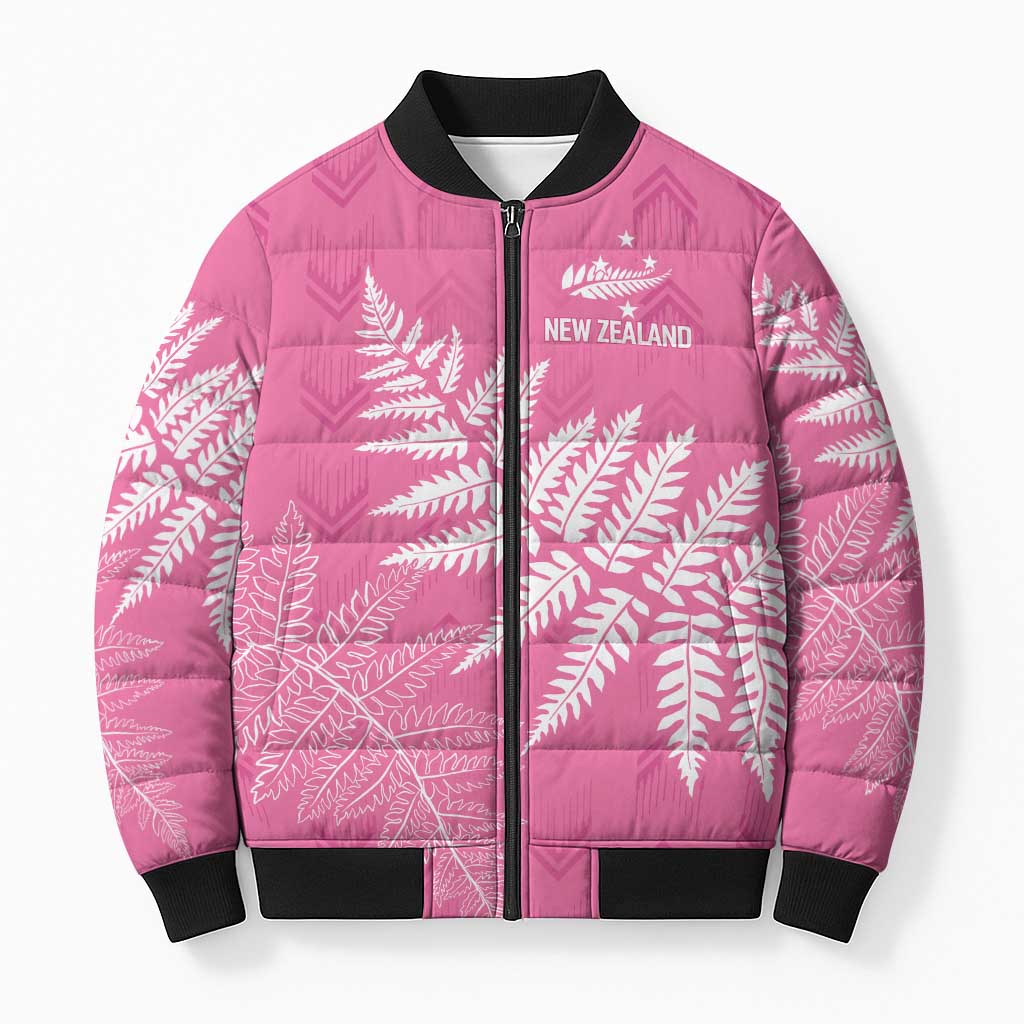New Zealand Lawn Bowls Breast Cancer Personalized Bomber Puffer Jacket Wrap-Around Silver Fern - Polynesian Pride