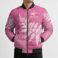 New Zealand Lawn Bowls Breast Cancer Personalized Bomber Puffer Jacket Wrap-Around Silver Fern - Polynesian Pride