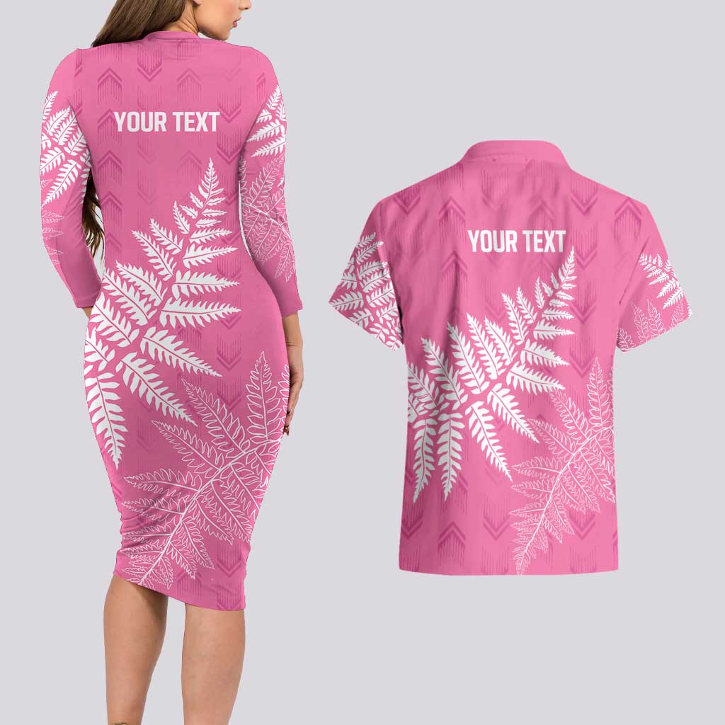 New Zealand Lawn Bowls Breast Cancer Personalized Couples Matching Long Sleeve Bodycon Dress and Hawaiian Shirt Wrap-Around Silver Fern - Polynesian Pride