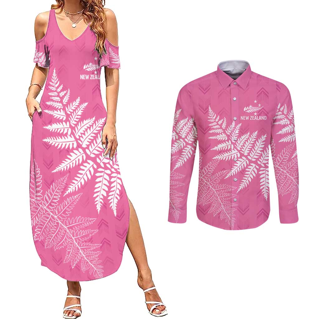 New Zealand Lawn Bowls Breast Cancer Personalized Couples Matching Summer Maxi Dress and Long Sleeve Button Shirt Wrap-Around Silver Fern - Polynesian Pride