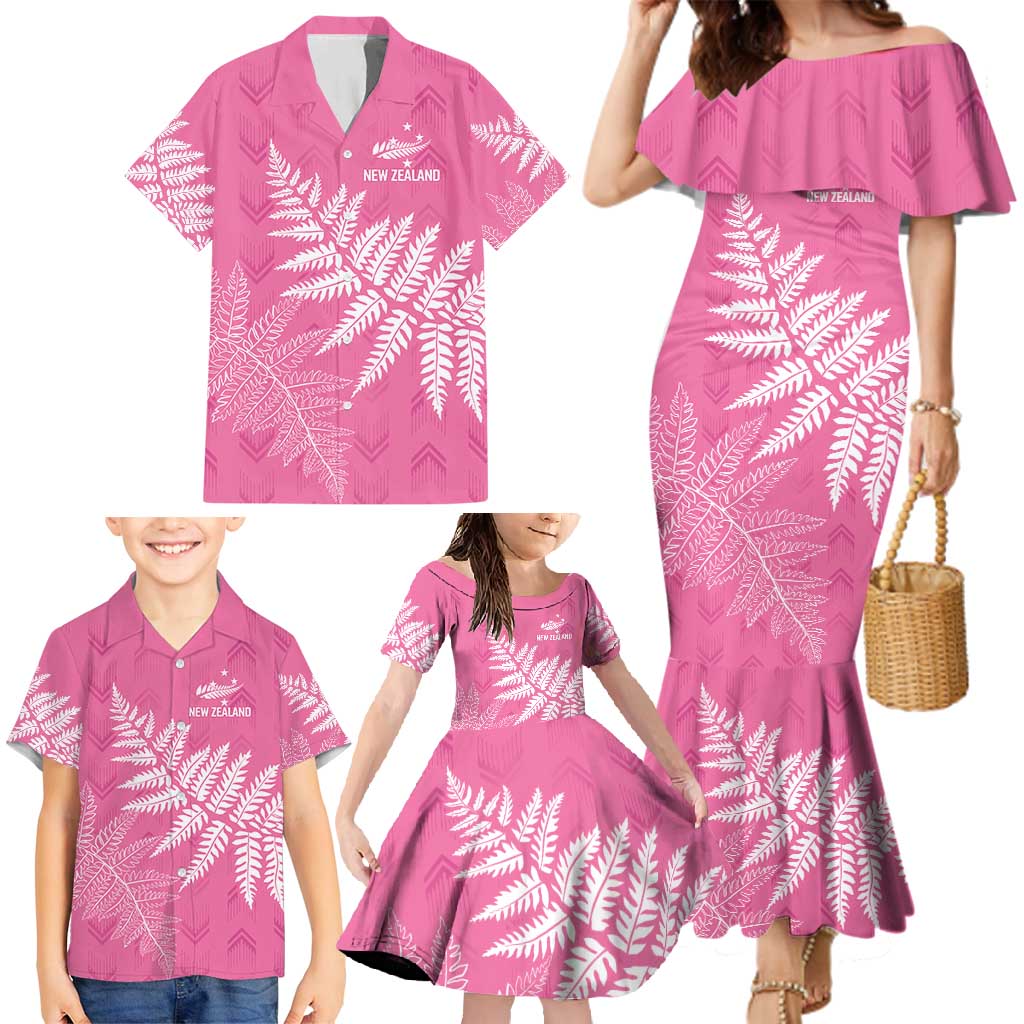 New Zealand Lawn Bowls Breast Cancer Personalized Family Matching Mermaid Dress and Hawaiian Shirt Wrap-Around Silver Fern - Polynesian Pride