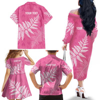 New Zealand Lawn Bowls Breast Cancer Personalized Family Matching Off The Shoulder Long Sleeve Dress and Hawaiian Shirt Wrap-Around Silver Fern - Polynesian Pride