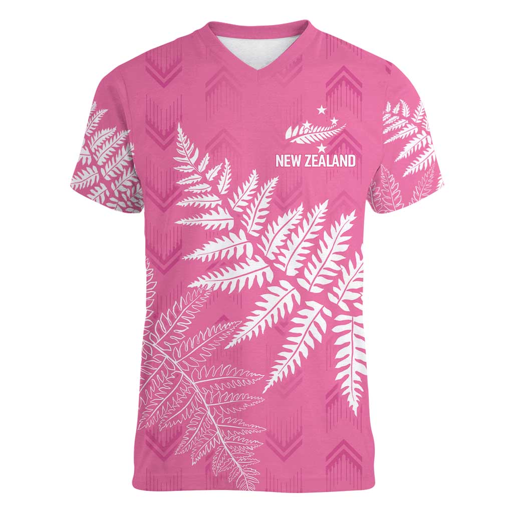 New Zealand Lawn Bowls Breast Cancer Personalized Women V-Neck T-Shirt Wrap-Around Silver Fern - Polynesian Pride