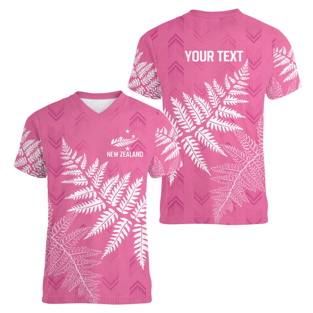 New Zealand Lawn Bowls Breast Cancer Personalized Women V-Neck T-Shirt Wrap-Around Silver Fern - Polynesian Pride