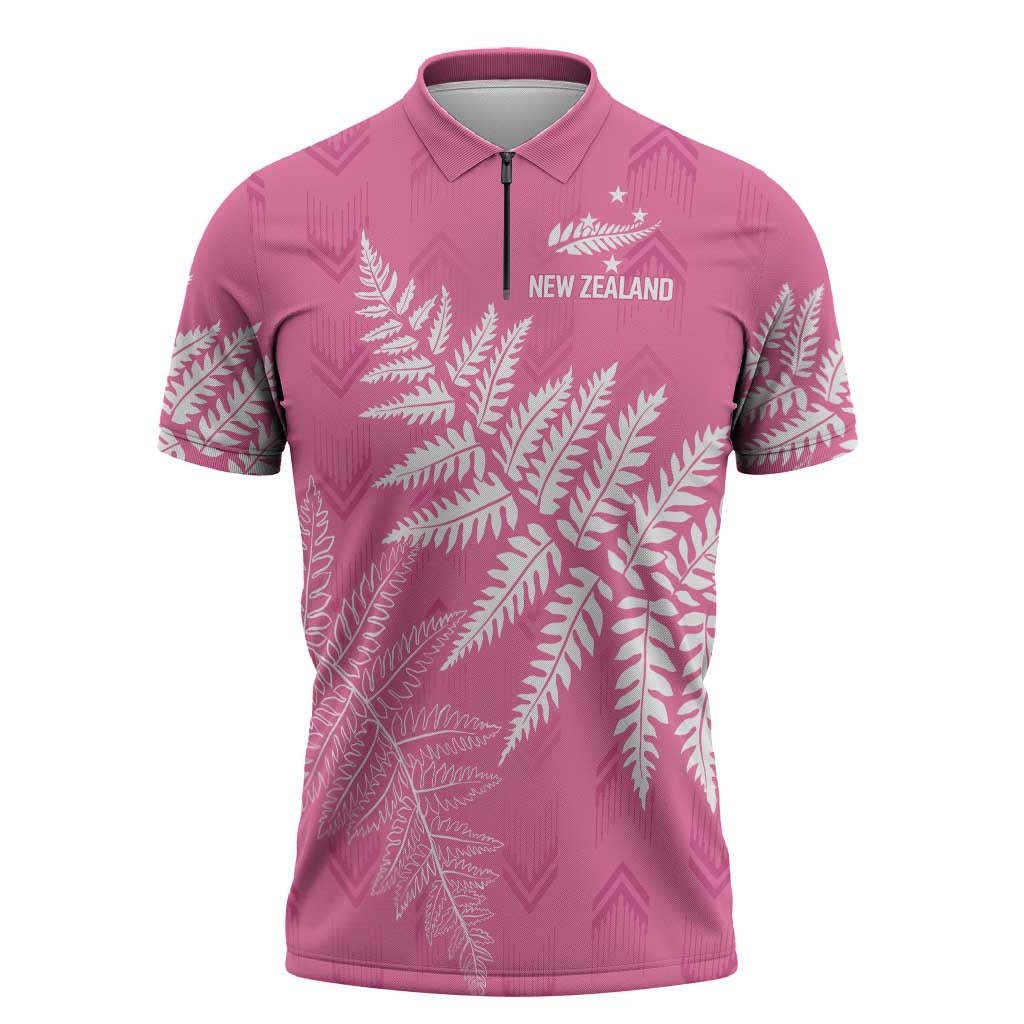 New Zealand Lawn Bowls Breast Cancer Personalized Zipper Polo Shirt Wrap-Around Silver Fern - Polynesian Pride