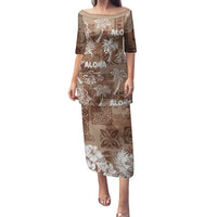 Aloha Vintage Quilt Family Matching Puletasi Dress and Hawaiian Shirt Hawaiian Seamless - Brown LT7 Mom's Dress Brown - Polynesian Pride