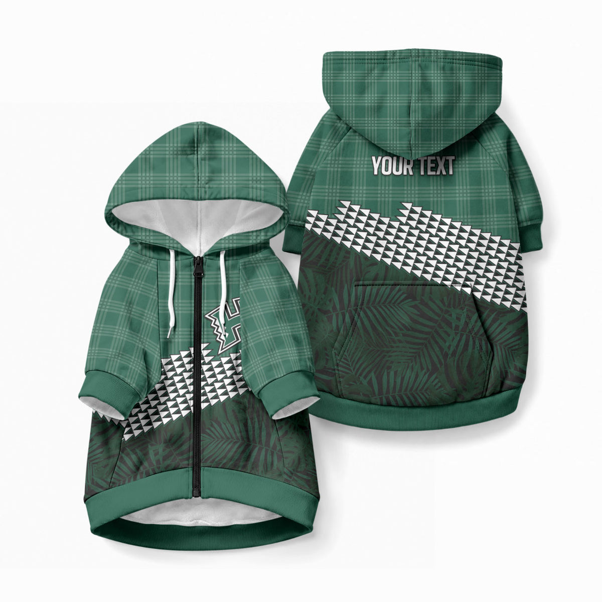 Rainbow Warriors Hawaii Personalized Palaka Pet Hoodie LT7 Zip-up Green - Polynesian Pride