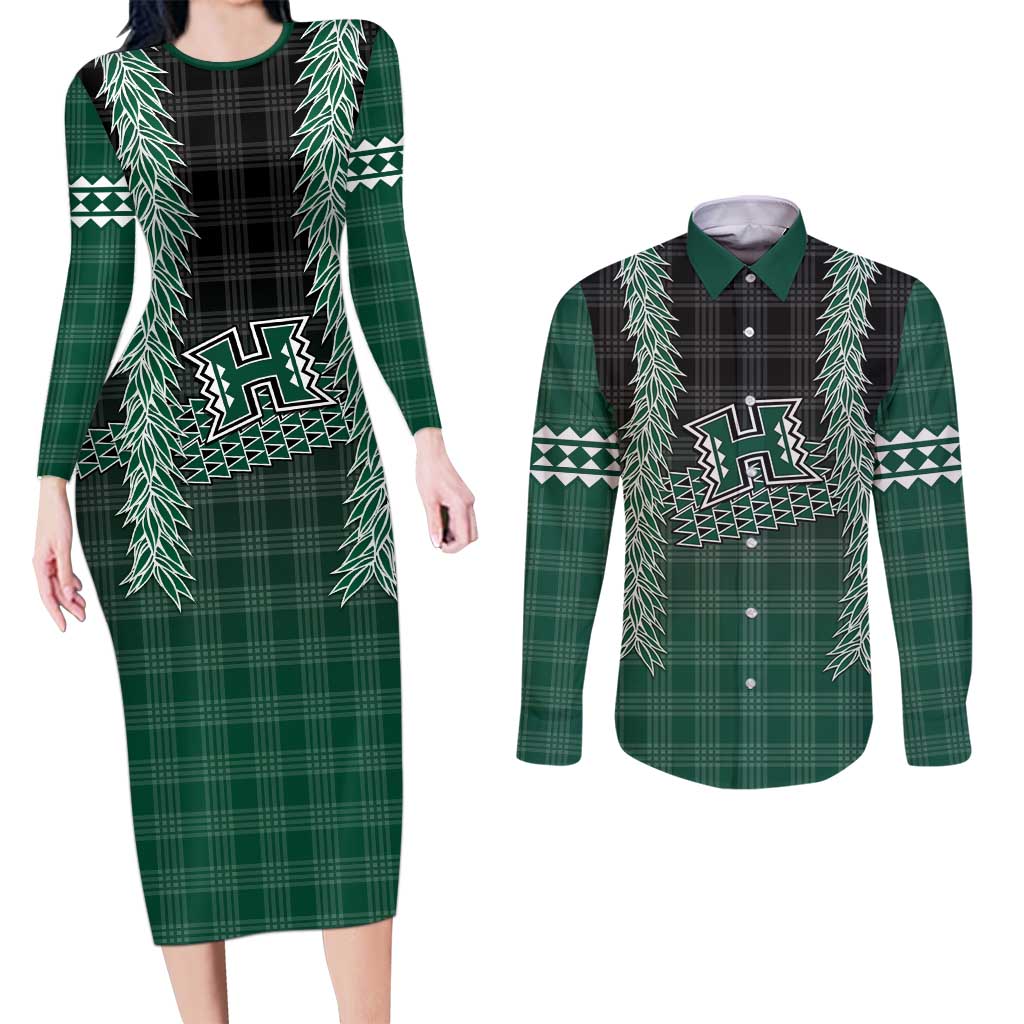 Rainbow Warriors Hawaii Palaka Couples Matching Long Sleeve Bodycon Dress and Long Sleeve Button Shirt Maile Lei - Polynesian Pride