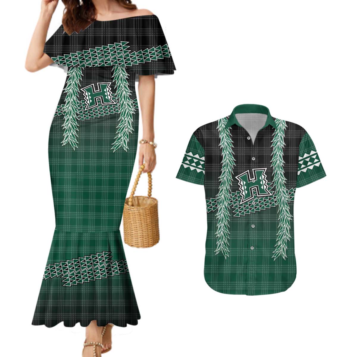 Rainbow Warriors Hawaii Palaka Couples Matching Mermaid Dress and Hawaiian Shirt Maile Lei - Polynesian Pride