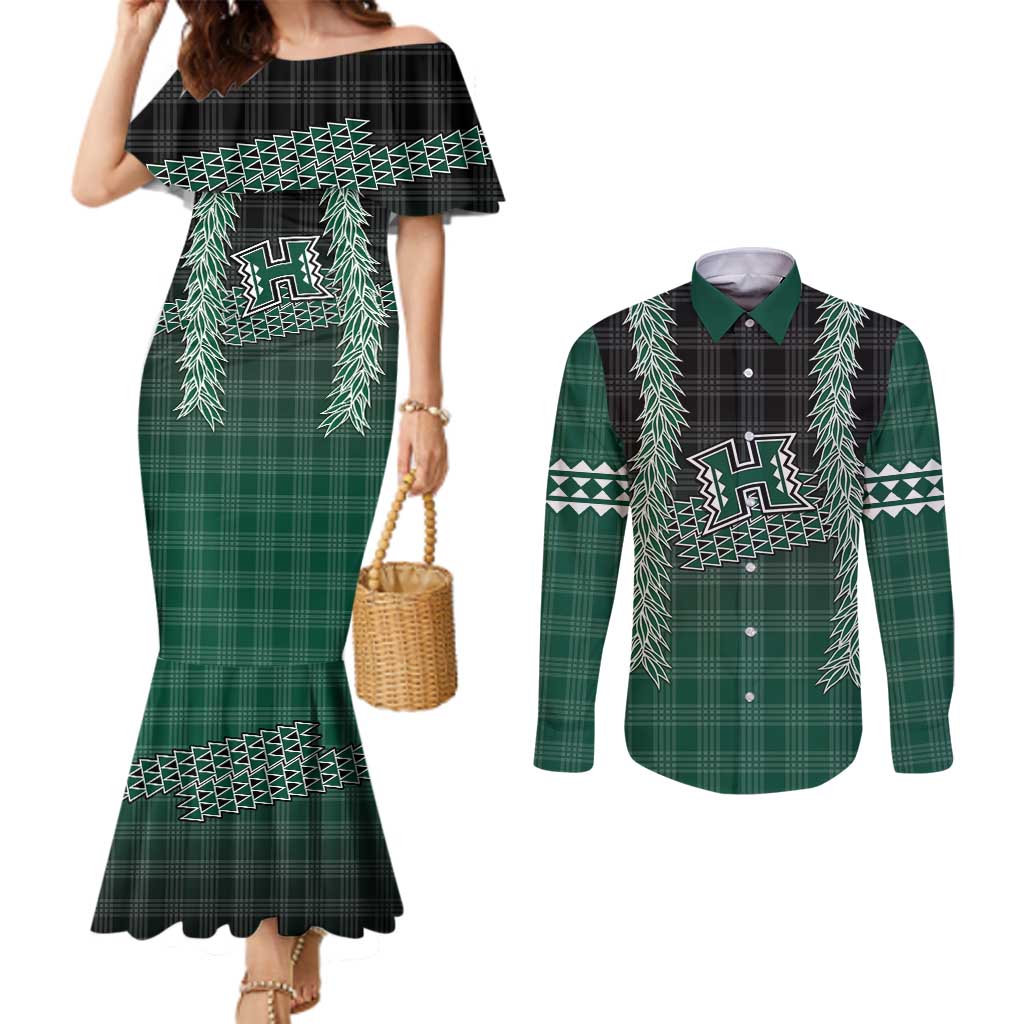 Rainbow Warriors Hawaii Palaka Couples Matching Mermaid Dress and Long Sleeve Button Shirt Maile Lei - Polynesian Pride