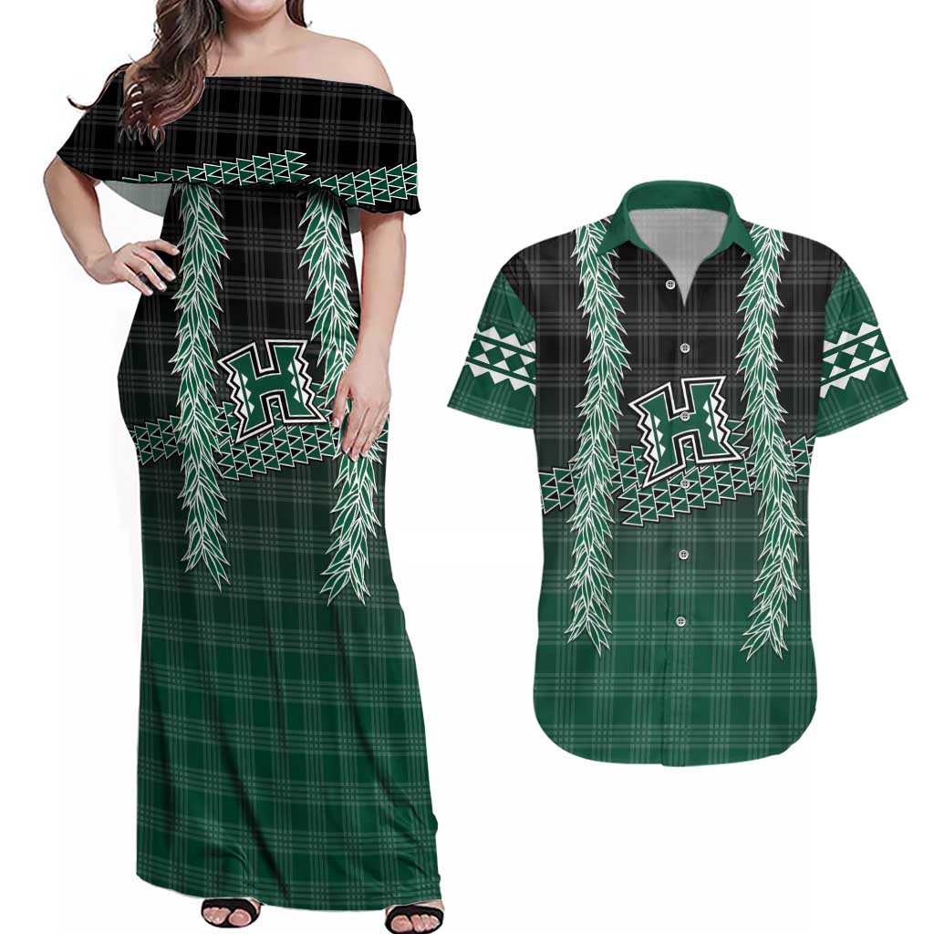 Rainbow Warriors Hawaii Palaka Couples Matching Off Shoulder Maxi Dress and Hawaiian Shirt Maile Lei - Polynesian Pride