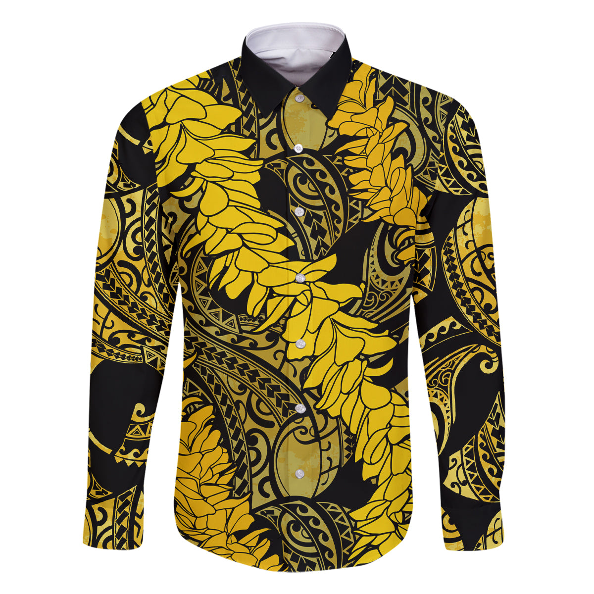Hawaii Oahu Ilima Lei Family Matching Off Shoulder Short Dress and Hawaiian Shirt LT7 Dad's Shirt - Long Sleeve Yellow - Polynesian Pride