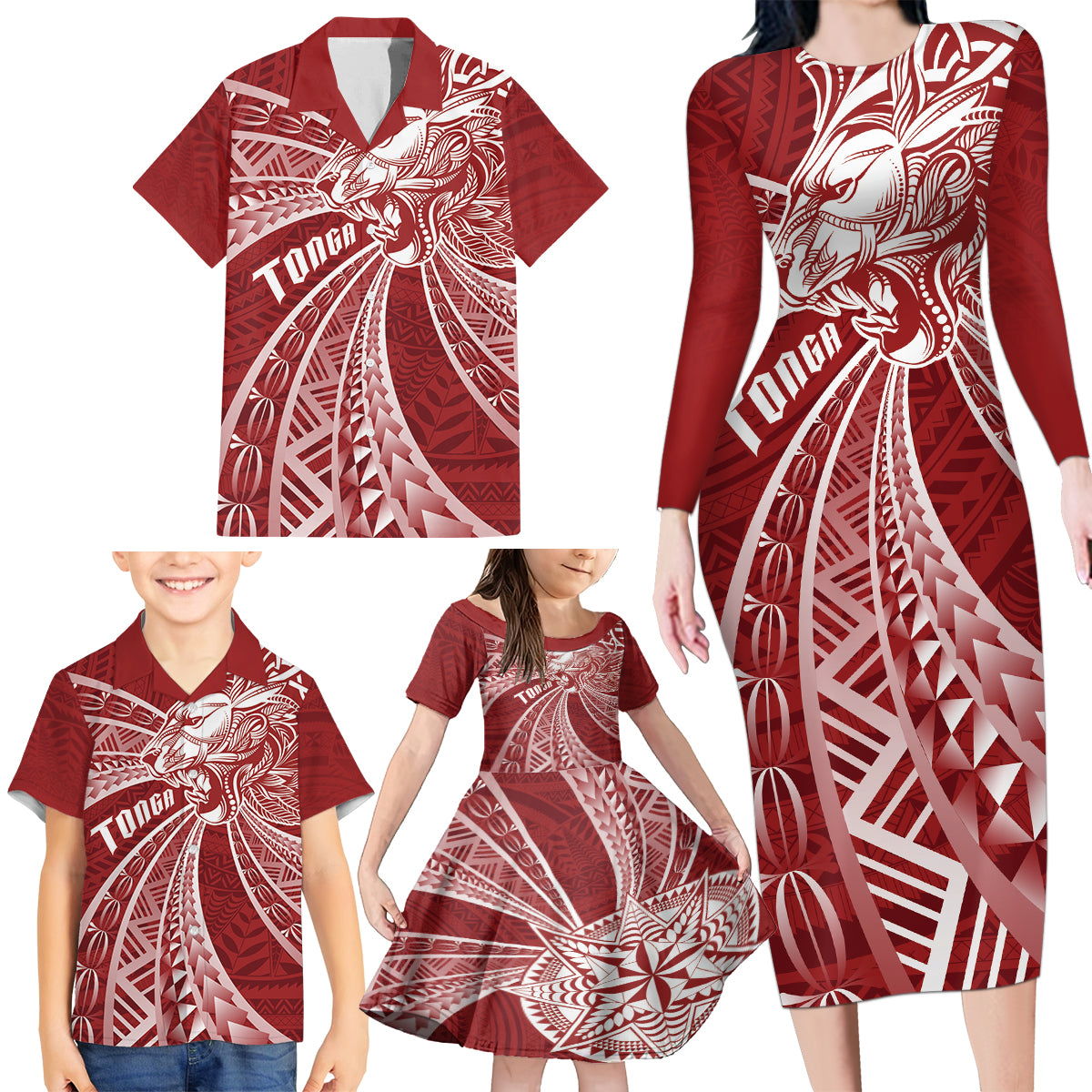 Tonga Independence Day Family Matching Long Sleeve Bodycon Dress and Hawaiian Shirt Tongatapu Lion Ngatu Motifs LT7 - Polynesian Pride