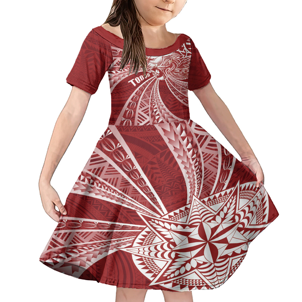 Tonga Independence Day Family Matching Off Shoulder Maxi Dress and Hawaiian Shirt Tongatapu Lion Ngatu Motifs LT7 Daughter's Dress Red - Polynesian Pride