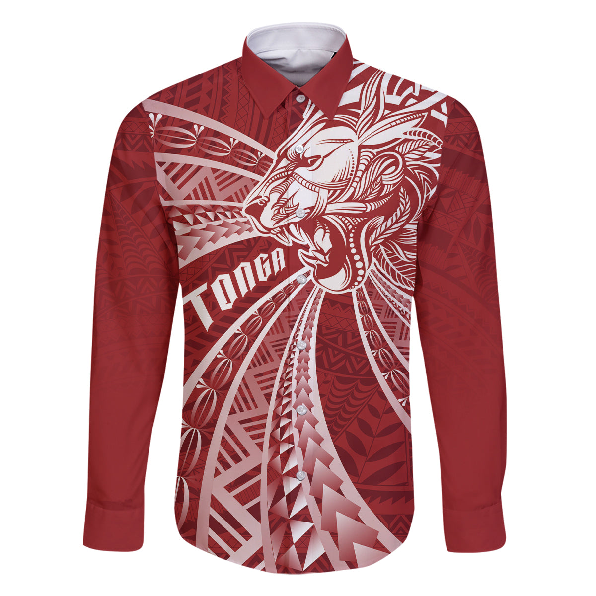 Tonga Independence Day Family Matching Off Shoulder Maxi Dress and Hawaiian Shirt Tongatapu Lion Ngatu Motifs LT7 Dad's Shirt - Long Sleeve Red - Polynesian Pride