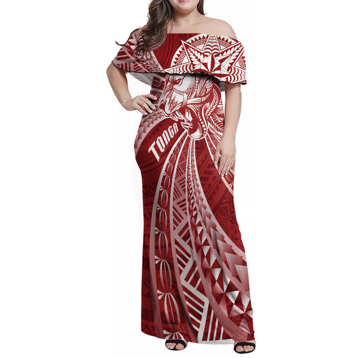 Tonga Independence Day Family Matching Off Shoulder Maxi Dress and Hawaiian Shirt Tongatapu Lion Ngatu Motifs LT7 Mom's Dress Red - Polynesian Pride