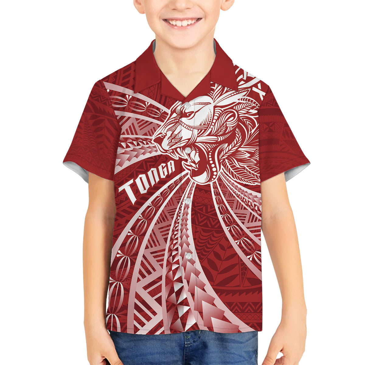 Tonga Independence Day Family Matching Off Shoulder Short Dress and Hawaiian Shirt Tongatapu Lion Ngatu Motifs LT7 Son's Shirt Red - Polynesian Pride