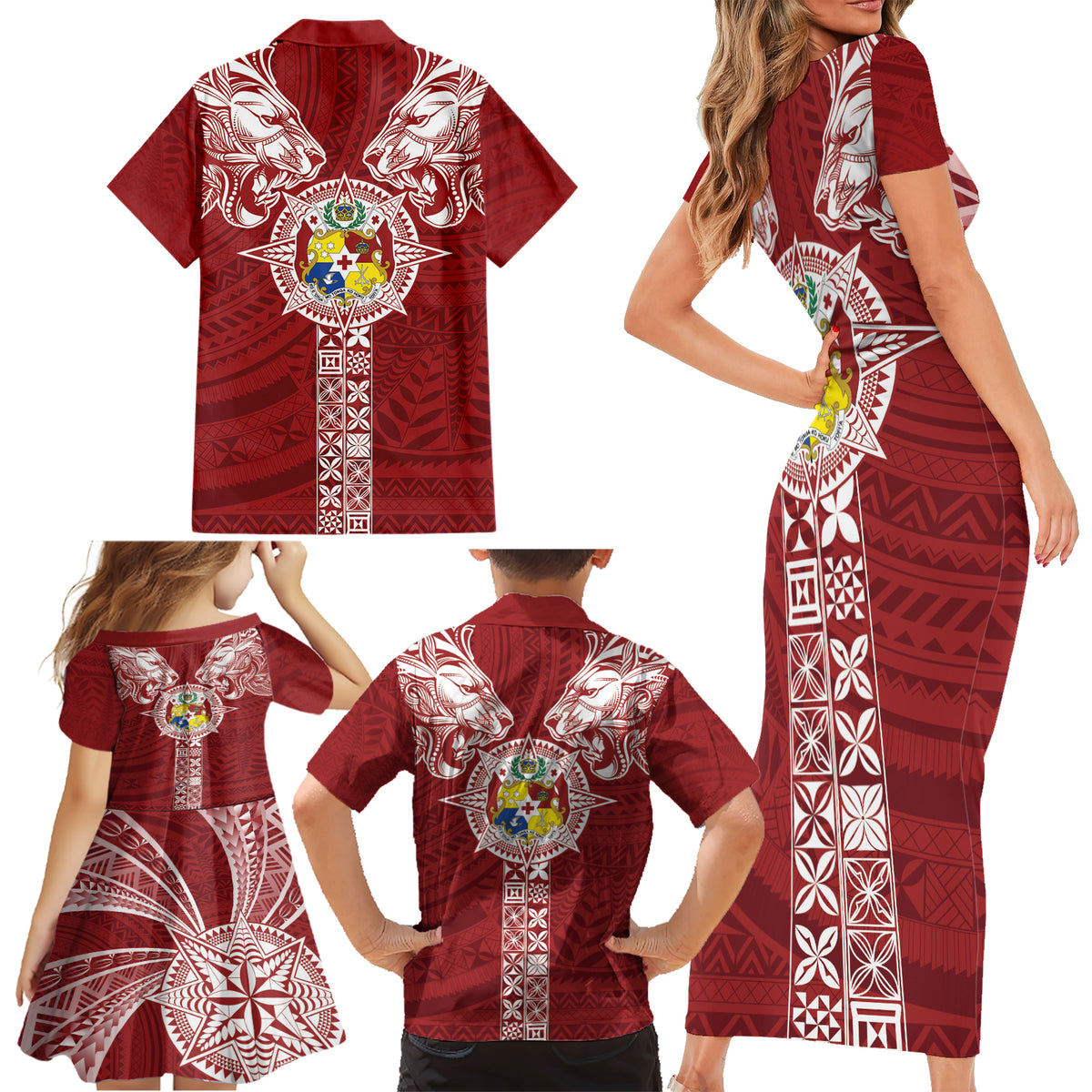 Tonga Independence Day Family Matching Short Sleeve Bodycon Dress and Hawaiian Shirt Tongatapu Lion Ngatu Motifs LT7 - Polynesian Pride