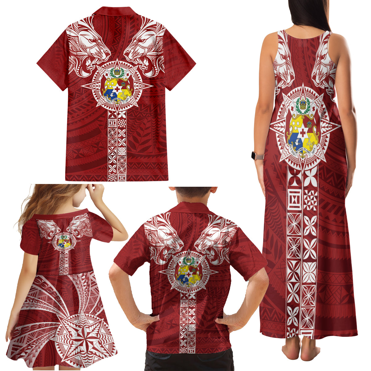 Tonga Independence Day Family Matching Tank Maxi Dress and Hawaiian Shirt Tongatapu Lion Ngatu Motifs LT7 - Polynesian Pride