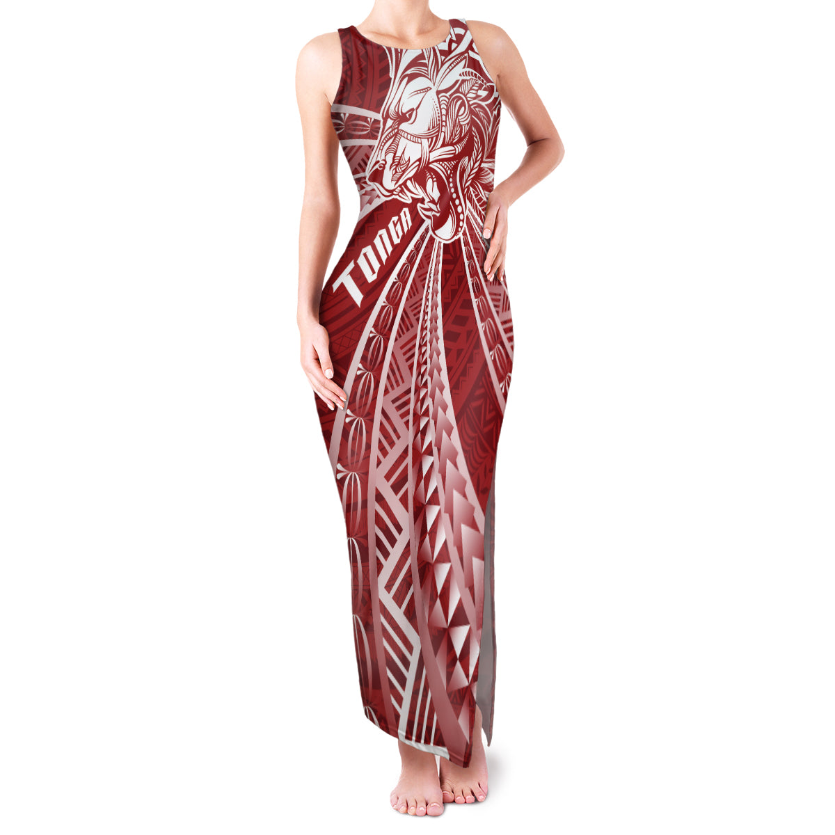 Tonga Independence Day Family Matching Tank Maxi Dress and Hawaiian Shirt Tongatapu Lion Ngatu Motifs LT7 Mom's Dress Red - Polynesian Pride