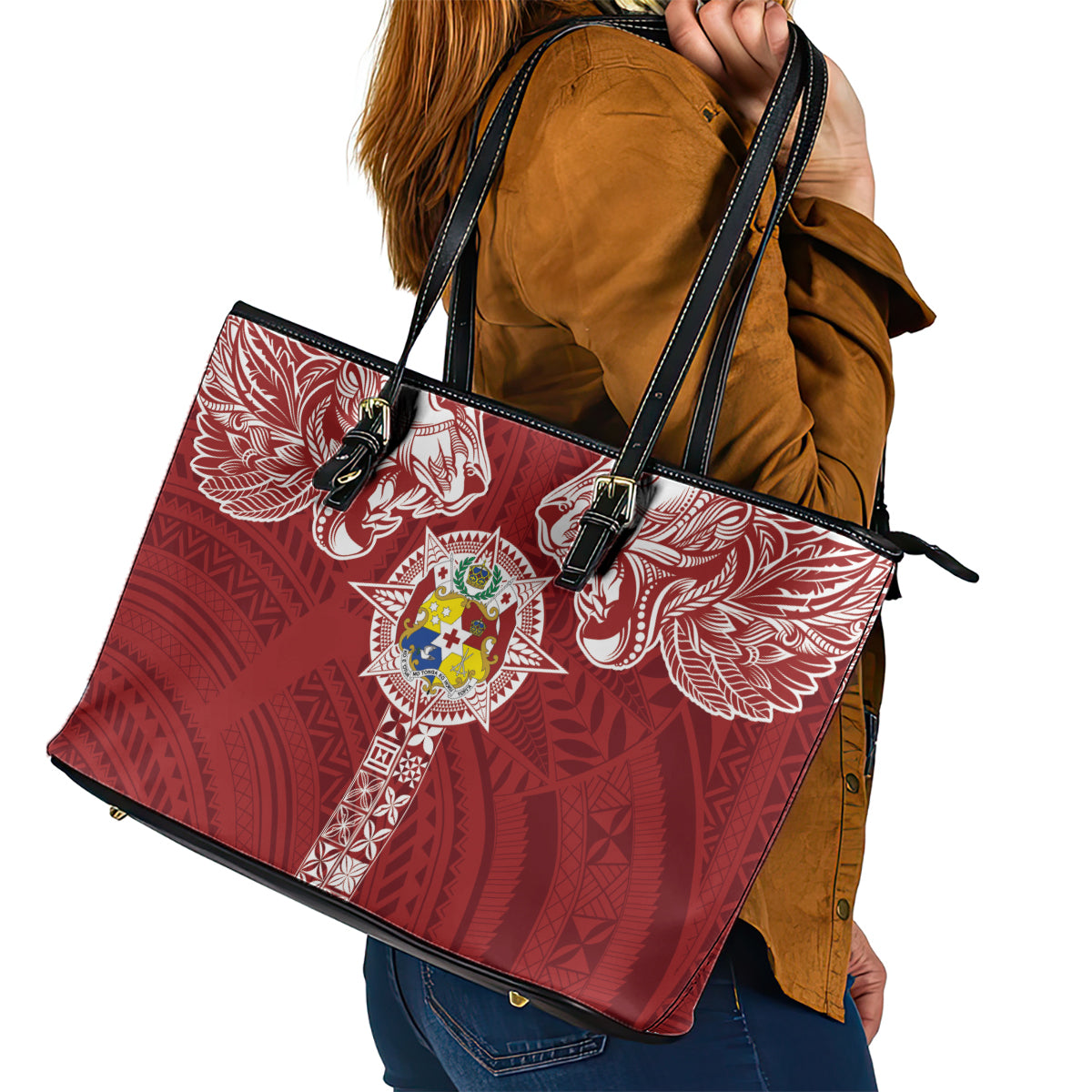 Tonga Independence Day Leather Tote Bag Tongatapu Lion Ngatu Motifs