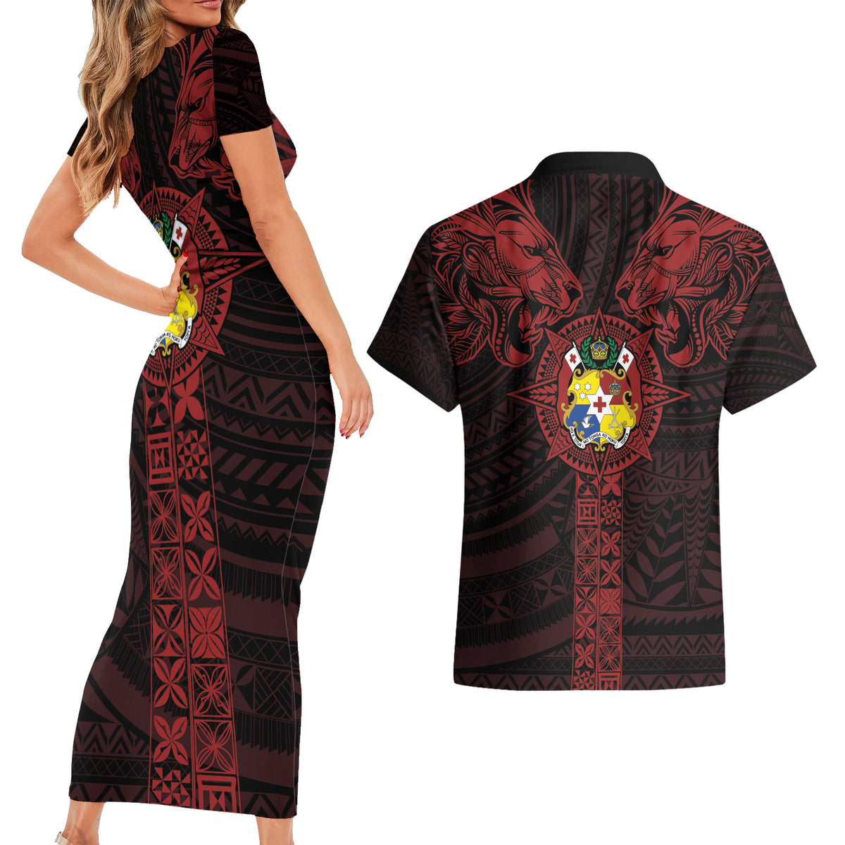 Tonga Independence Day Couples Matching Short Sleeve Bodycon Dress and Hawaiian Shirt Tongatapu Lion Ngatu Motifs Black Ver. LT7 - Polynesian Pride