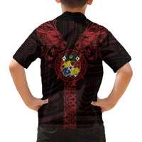 Tonga Independence Day Family Matching Off The Shoulder Long Sleeve Dress and Hawaiian Shirt Tongatapu Lion Ngatu Motifs Black Ver. LT7 - Polynesian Pride