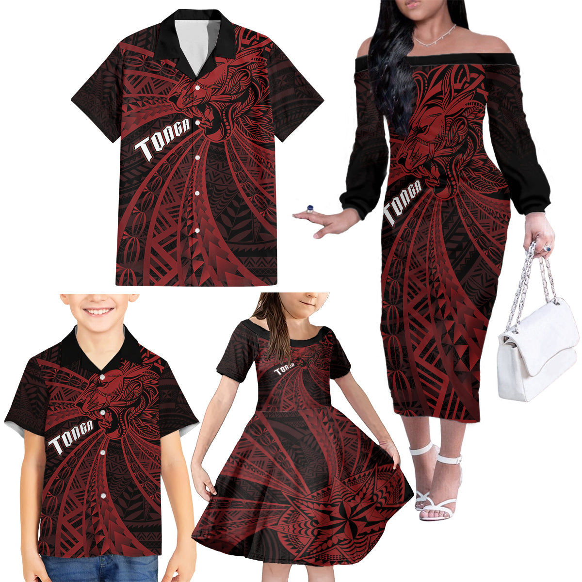 Tonga Independence Day Family Matching Off The Shoulder Long Sleeve Dress and Hawaiian Shirt Tongatapu Lion Ngatu Motifs Black Ver. LT7 - Polynesian Pride