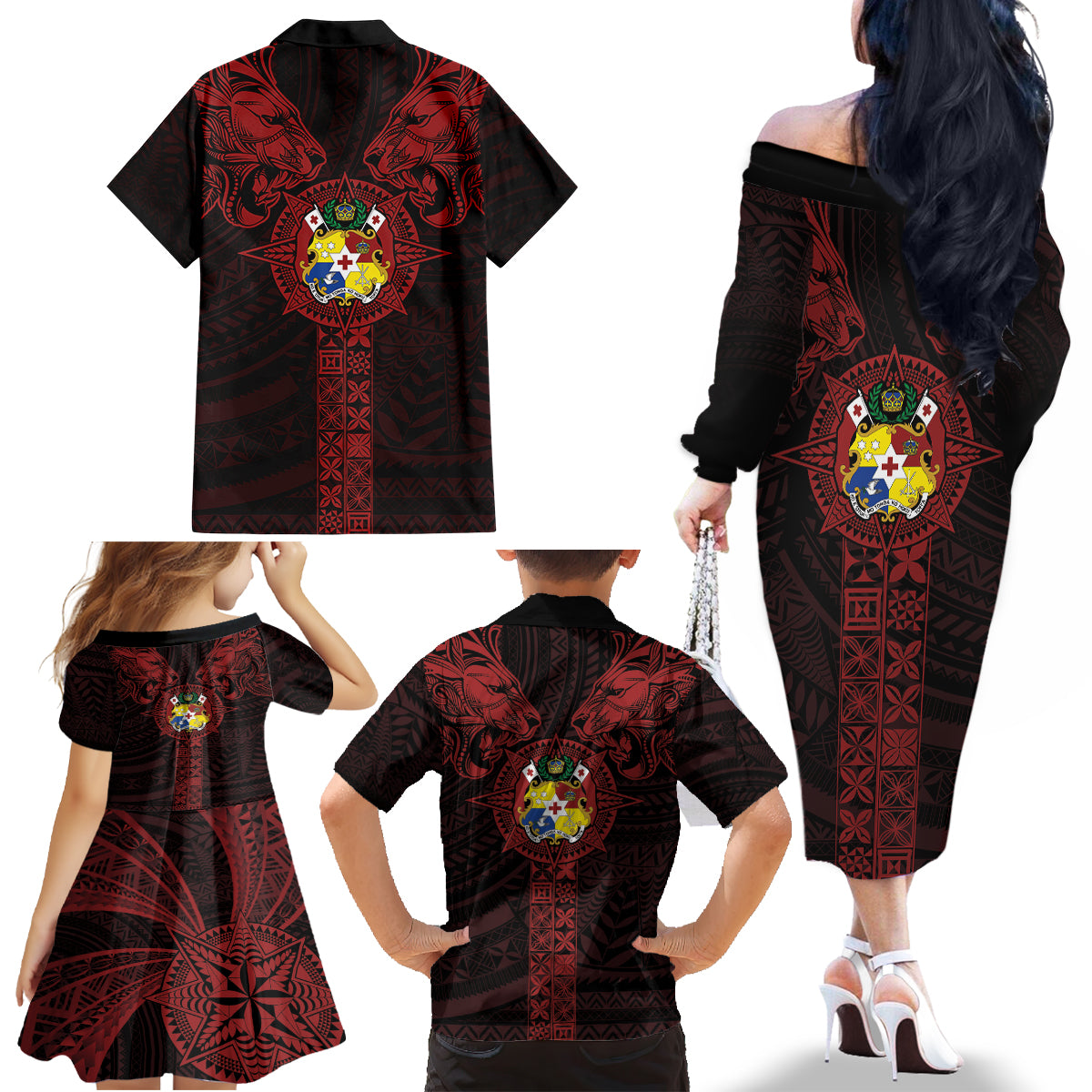 Tonga Independence Day Family Matching Off The Shoulder Long Sleeve Dress and Hawaiian Shirt Tongatapu Lion Ngatu Motifs Black Ver. LT7 - Polynesian Pride