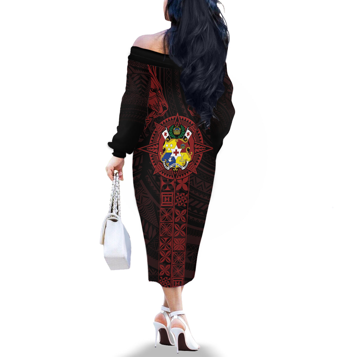 Tonga Independence Day Family Matching Off The Shoulder Long Sleeve Dress and Hawaiian Shirt Tongatapu Lion Ngatu Motifs Black Ver. LT7 - Polynesian Pride