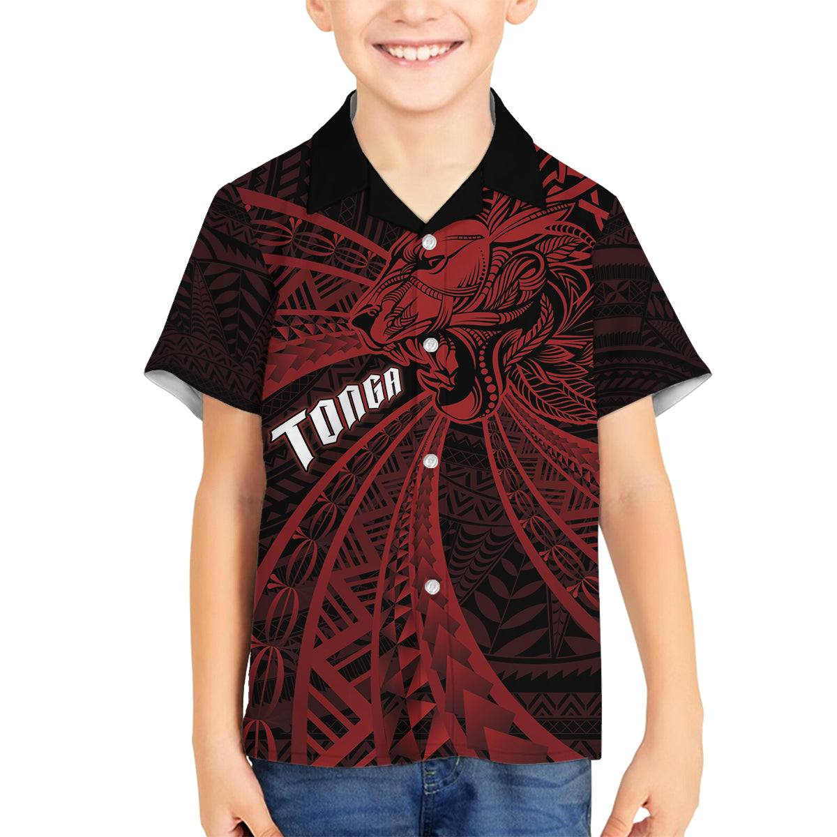 Tonga Independence Day Family Matching Off The Shoulder Long Sleeve Dress and Hawaiian Shirt Tongatapu Lion Ngatu Motifs Black Ver. LT7 Son's Shirt Black - Polynesian Pride