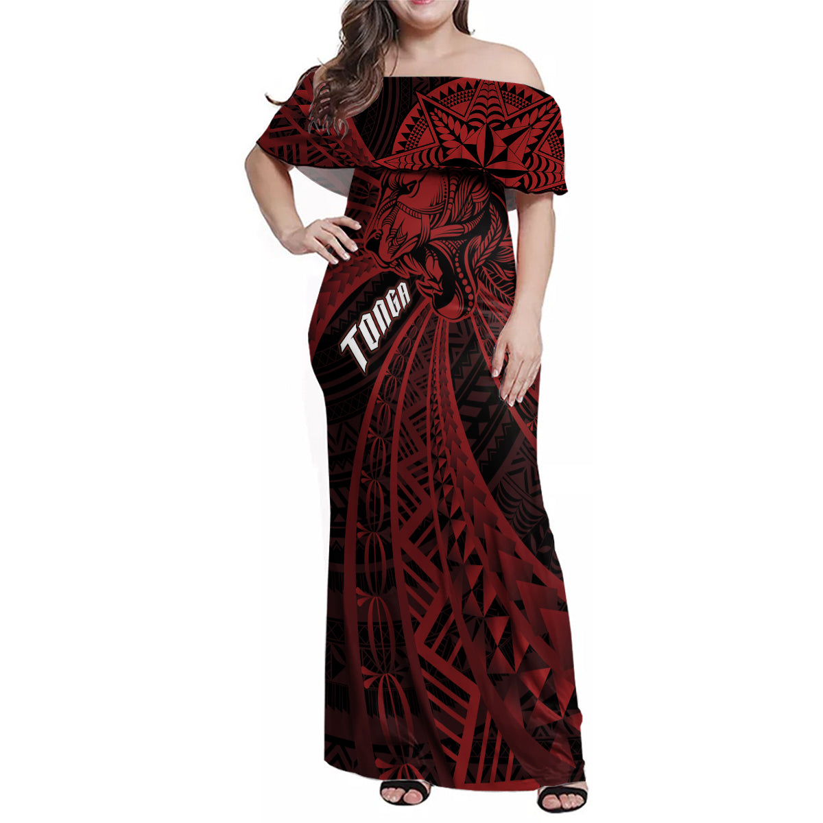 Tonga Independence Day Family Matching Off Shoulder Maxi Dress and Hawaiian Shirt Tongatapu Lion Ngatu Motifs Black Ver. LT7 Mom's Dress Black - Polynesian Pride