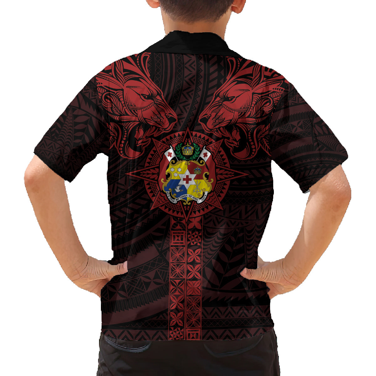 Tonga Independence Day Family Matching Off Shoulder Short Dress and Hawaiian Shirt Tongatapu Lion Ngatu Motifs Black Ver. LT7 - Polynesian Pride