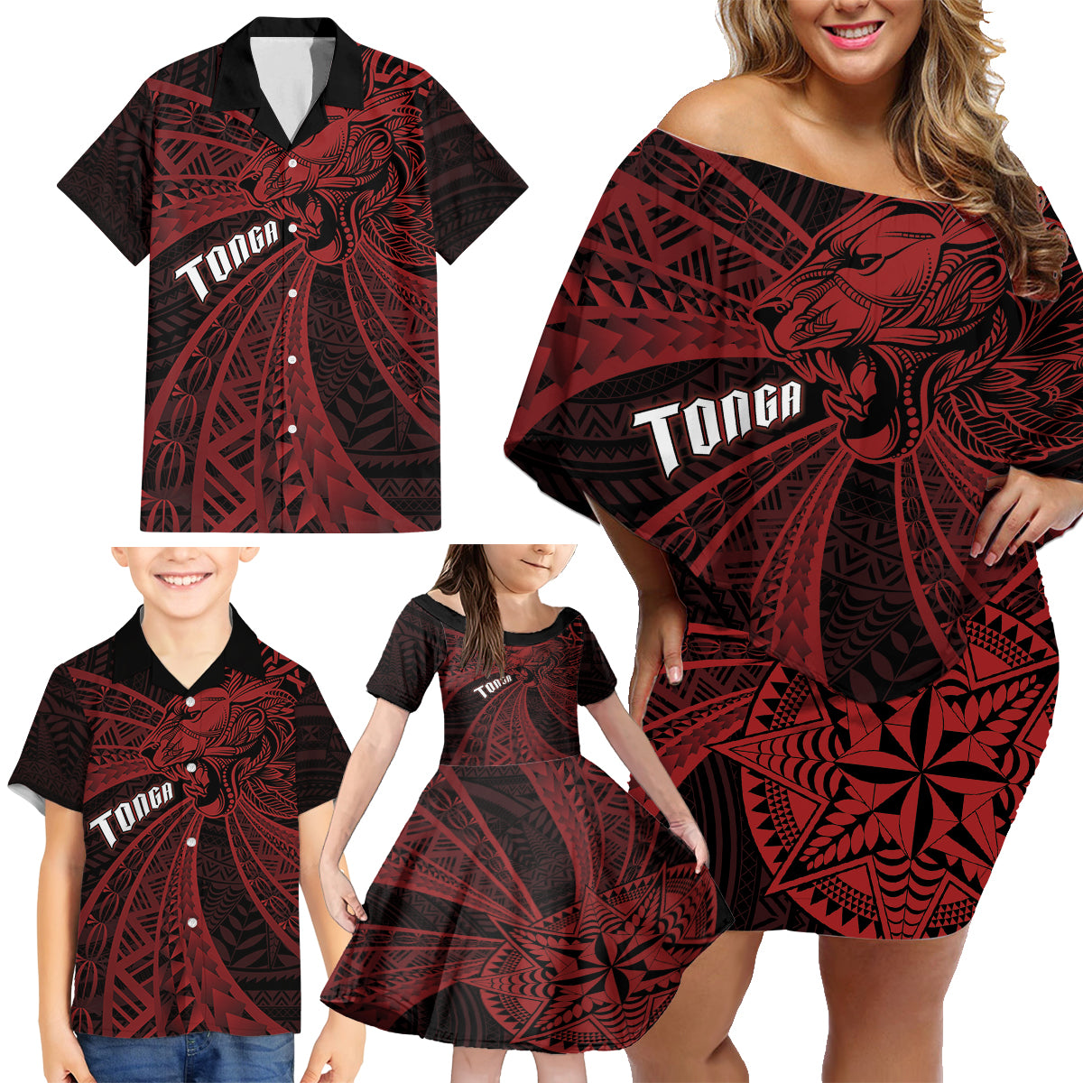 Tonga Independence Day Family Matching Off Shoulder Short Dress and Hawaiian Shirt Tongatapu Lion Ngatu Motifs Black Ver. LT7 - Polynesian Pride