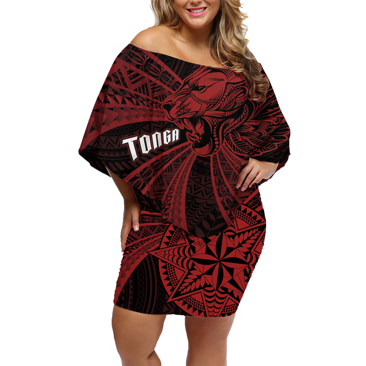 Tonga Independence Day Family Matching Off Shoulder Short Dress and Hawaiian Shirt Tongatapu Lion Ngatu Motifs Black Ver. LT7 Mom's Dress Black - Polynesian Pride