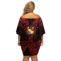Tonga Independence Day Family Matching Off Shoulder Short Dress and Hawaiian Shirt Tongatapu Lion Ngatu Motifs Black Ver. LT7 - Polynesian Pride