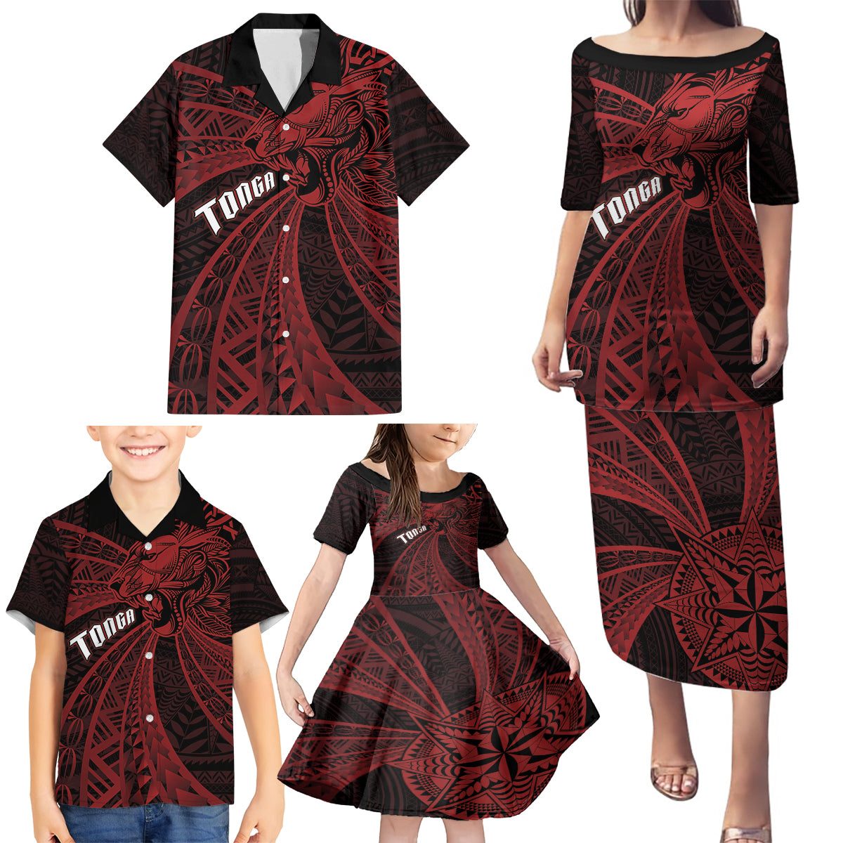 Tonga Independence Day Family Matching Puletasi and Hawaiian Shirt Tongatapu Lion Ngatu Motifs Black Ver. LT7 - Polynesian Pride
