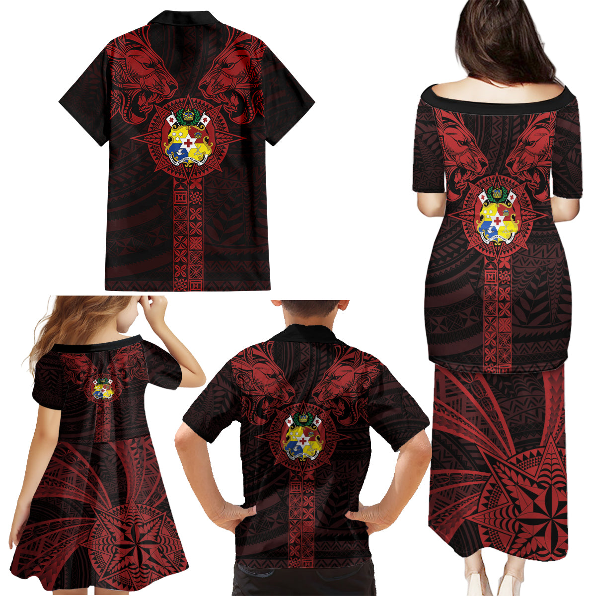 Tonga Independence Day Family Matching Puletasi and Hawaiian Shirt Tongatapu Lion Ngatu Motifs Black Ver. LT7 - Polynesian Pride