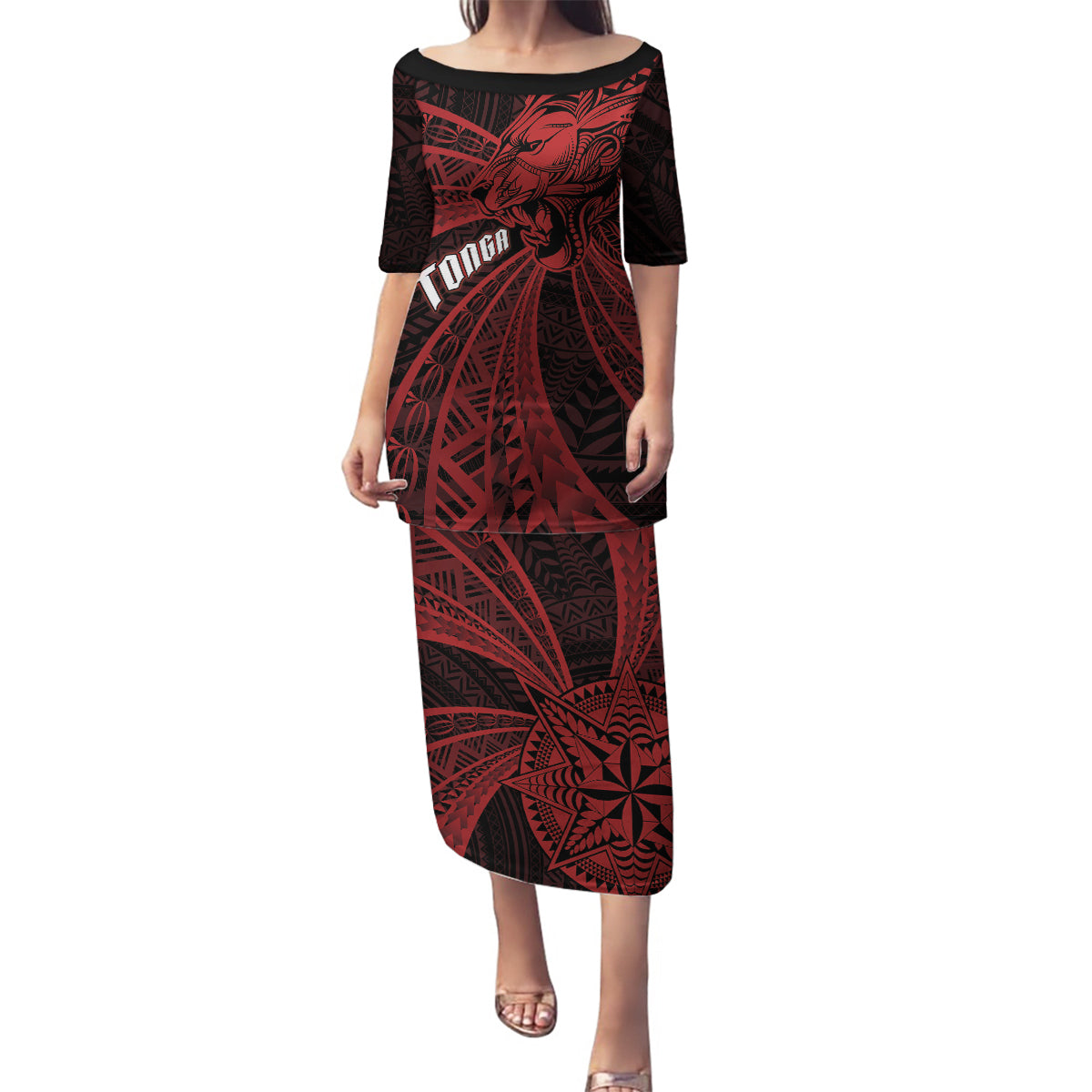 Tonga Independence Day Family Matching Puletasi and Hawaiian Shirt Tongatapu Lion Ngatu Motifs Black Ver. LT7 Mom's Dress Black - Polynesian Pride