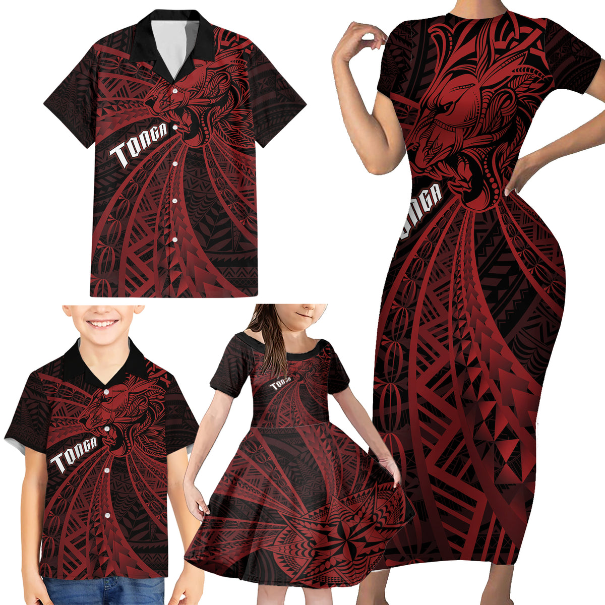 Tonga Independence Day Family Matching Short Sleeve Bodycon Dress and Hawaiian Shirt Tongatapu Lion Ngatu Motifs Black Ver. LT7 - Polynesian Pride