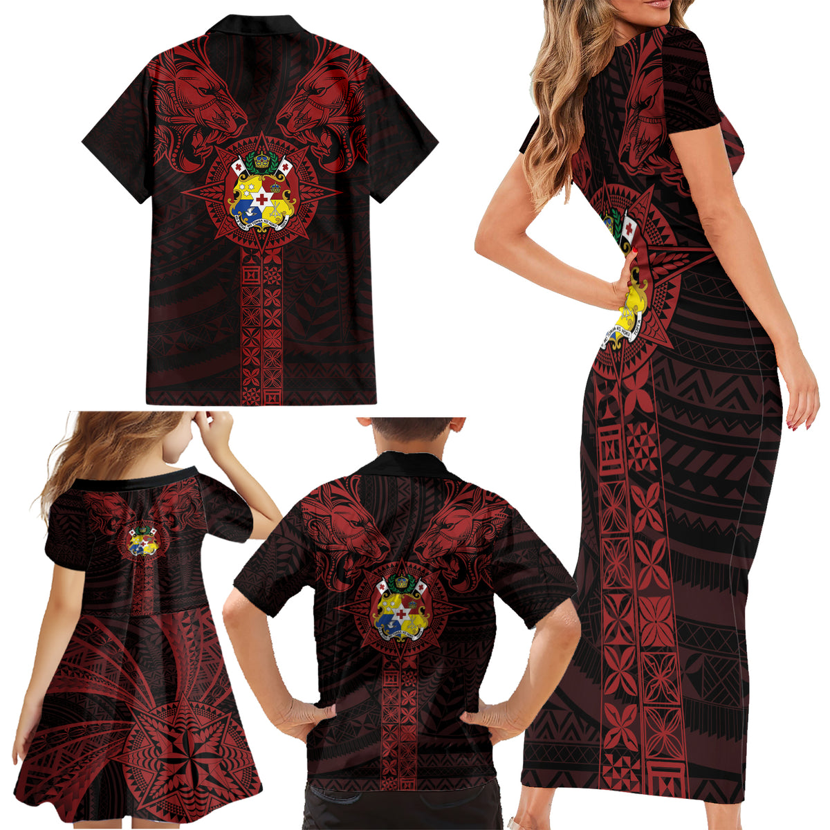 Tonga Independence Day Family Matching Short Sleeve Bodycon Dress and Hawaiian Shirt Tongatapu Lion Ngatu Motifs Black Ver. LT7 - Polynesian Pride