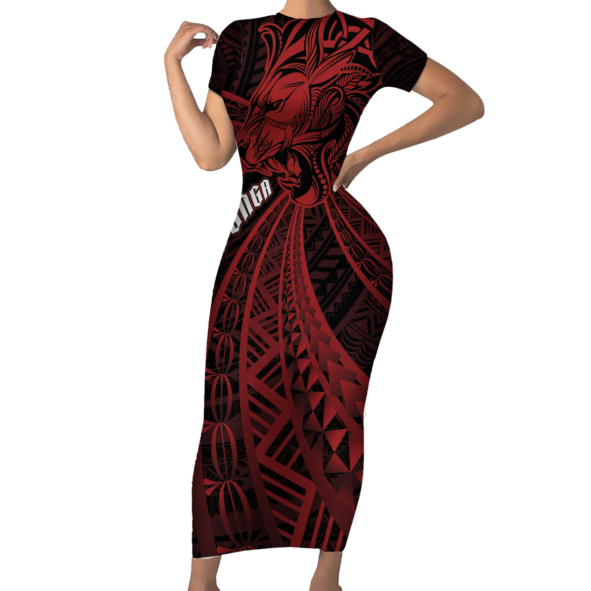 Tonga Independence Day Family Matching Short Sleeve Bodycon Dress and Hawaiian Shirt Tongatapu Lion Ngatu Motifs Black Ver. LT7 Mom's Dress Black - Polynesian Pride