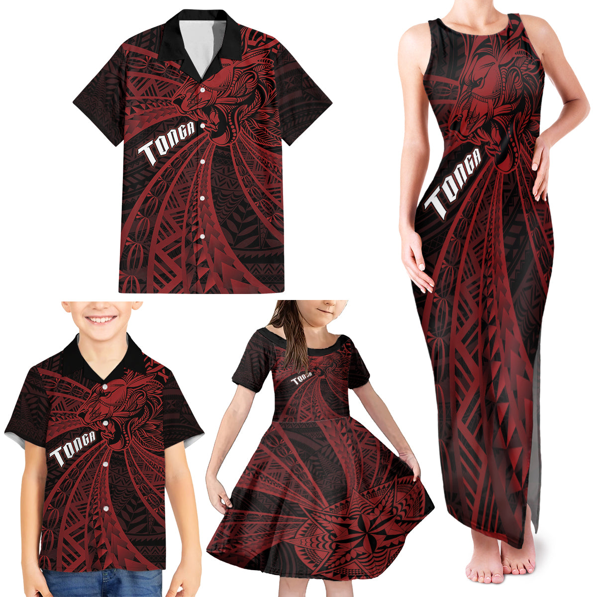 Tonga Independence Day Family Matching Tank Maxi Dress and Hawaiian Shirt Tongatapu Lion Ngatu Motifs Black Ver. LT7 - Polynesian Pride